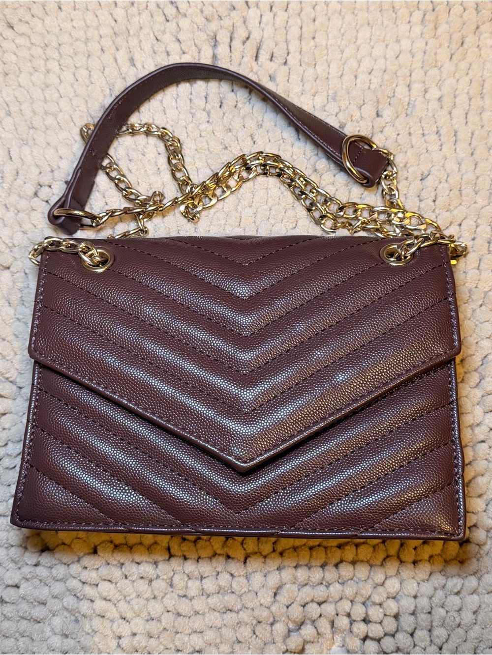 Fashion Nova Quilted Chevron Crossbody in Chocolate Brown with Gold Chain